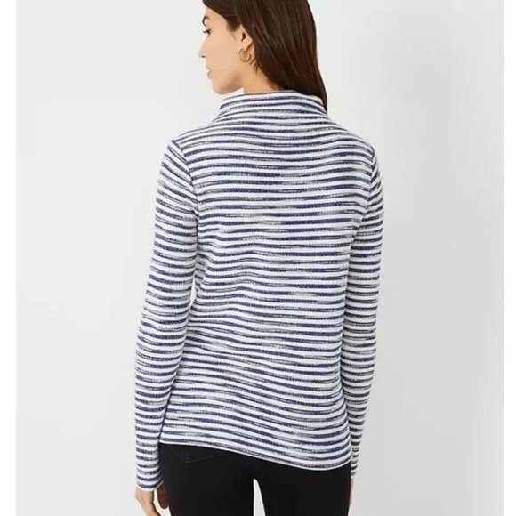 NWT Ann Taylor Large Sweater Top Sweatshirt Gray Black Tweed Stripe Funnel Neck - Picture 5 of 8